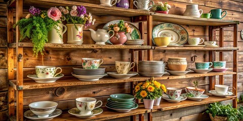 Fototapeta premium Vintage Farmhouse Charm: Rustic shelves adorned with mismatched antique cups and saucers, evoking a cozy and inviting atmosphere.