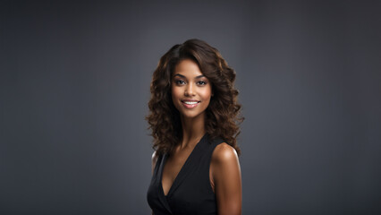 Black American businesswoman with flawless skin and natural beauty. Brunette with neat hair and a confident smile, gazing at camera