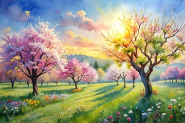 Watercolor Springtime Meadow: Soft hues and flowing brushstrokes depict a meadow filled with blooming fruit trees and vibrant berries.