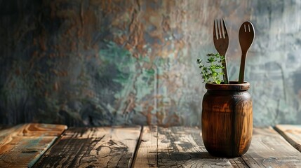 A rustic table with a gloomy background a spoon and fork in a wooden glass