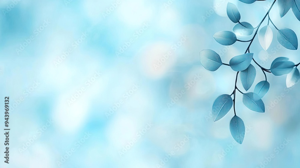 Wall mural a serene blue background featuring delicate leaves, perfect for creating a calming atmosphere in var