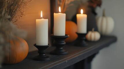 halloween mantle decor, stylish black candle holders and white taper candles on a dark wooden mantel create a chic and minimalist halloween vibe