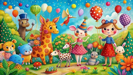 Obraz premium Whimsical Wonder: Playful, whimsical, bright colors, polka dots, whimsical animals