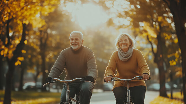  W parku, słoneczny dzień staje się jeszcze jaśniejszy dzięki uśmiechniętej parze senior&oacute;w na rowerach. 