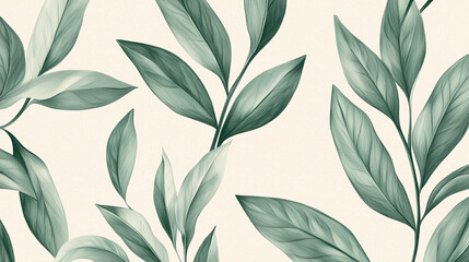 Ręcznie rysowany wzór roślinny ukazuje zielone liście w stylu vintage.