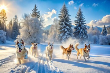 Naklejka premium Winter Wonderland with Woofs: Expansive snowy landscape, dogs running and playing, shades of blue and white, sense of freedom and joy.