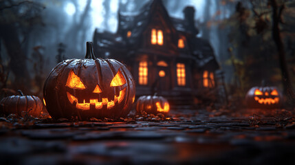 Obraz premium Halloweenowe tło ukazuje złowieszczy dom na tle mrocznego, gęstego lasu. Wśród mniejszych dyni, jedna wyróżnia się szczególnie złowieszczym wyglądem