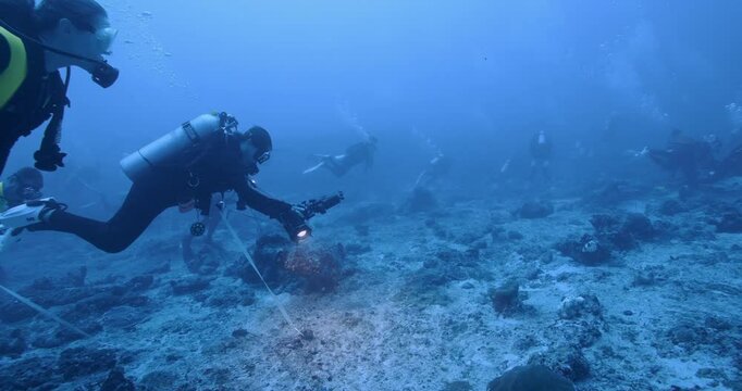Scuba divers using reef hooks.