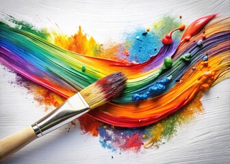 Obraz premium A single, delicate paintbrush leaves a trail of bold, expressive strokes in vibrant colors on a white canvas, creating a dynamic and abstract composition.