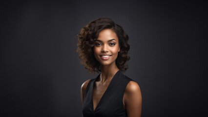 Confident and charismatic Black American businesswoman with a warm smile and natural beauty. Brunette hair and flawless skin complement her captivating gaze