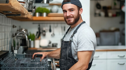 male handyman repairing dishwasher in white kitchen, man, plumber, mechanic, work uniform, guy, repair service, house helper, household appliance maintenance, repairman, repair