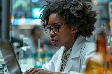 A woman wearing a white lab coat and glasses is typing on a laptop
