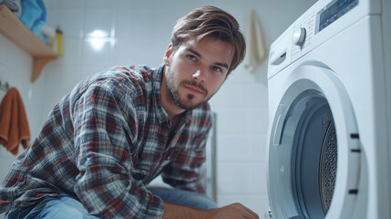 Obraz premium male handyman repairing washing machine in white bathroom, man, plumber, mechanic, laundry, work uniform, guy, repair service, house helper, household appliance maintenance