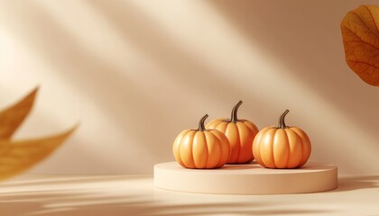 Autumn Background with Pumpkins on Minimalistic Podium for Display
