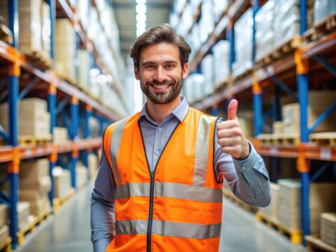 A smiling worker in a bright orange vest gives a confident thumbs up, standing triumphantly in front of shelved inventory in a well-organized warehouse.