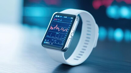 A modern smart watch displaying health data and analytics, showcasing technology on a wooden surface with vibrant screen colors.