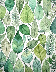 watercolor leaf background mixed greens, white background 