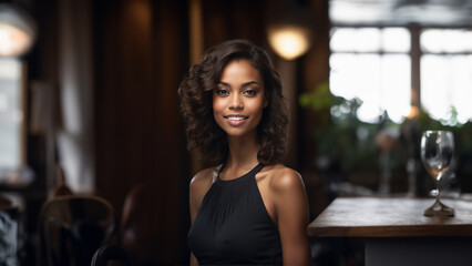 Radiant young Black American businesswoman with flawless skin and natural beauty. Brunette with neat hair and a warm smile, gazing confidently at camera. Perfect for professional and beauty campaigns