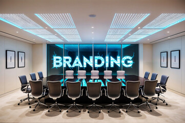An office meeting room with a large LED sign that says word text "BRANDING" on the wall