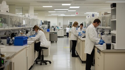 Scientists conduct research in a modern laboratory filled with equipment and materials during working hours