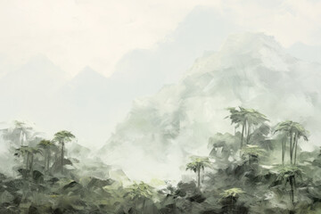 Lush green misty mountainscape png paint texture overlay, transparent background