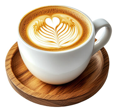 PNG Coffee cup with heart latte art on a wooden tray