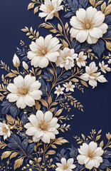 vintage royal navy blue with elegant white and gold flowers pattern