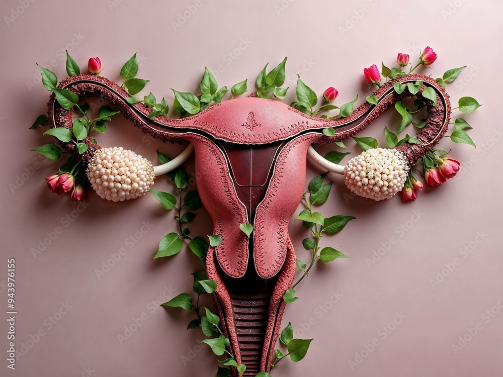 Wall mural Abstract Representation of the Female Reproductive System Using Flowers and Leaves, Symbolizing Fertility and Nature