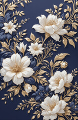 vintage royal navy blue with elegant white and gold flowers pattern