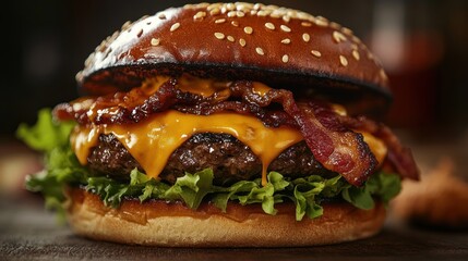 Indulge in a mouthwatering cheeseburger, piled high with melted cheese, crispy bacon, and fresh lettuce, perfect for any burger lover's cravings!