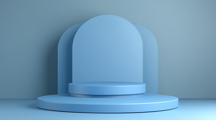 Stage with blue platform for product display. Abstract minimalist geometric pedestal with blue background. Podium with empty space, art scene illustration, simple modern showcase 3D.