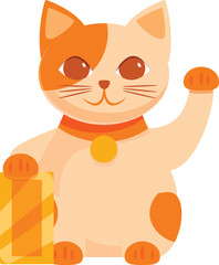 Smiling orange and white lucky cat holding a gold ingot and waving its paw