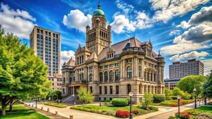 Naklejka premium A stately stone courthouse building with Romanesque Revival architecture stands proudly in the heart of a bustling Illinois city, surrounded by lush greenery.