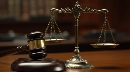 A gavel and legal scales sit atop a polished wooden table, representing law and justice in a clean environment.