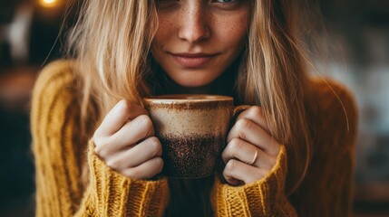 Young Woman in a Yellow Sweater Enjoying a Warm Drink - Powered by Adobe