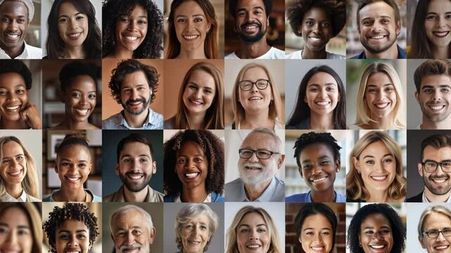 Collage of multi-ethnic, multigenerational people, smiling headshots, horizontal mosaic banner, diverse business group, panoramic header design.