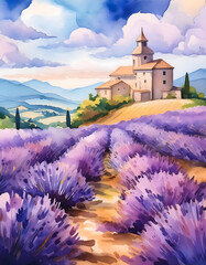 lavender field landscape, watercolor painting
