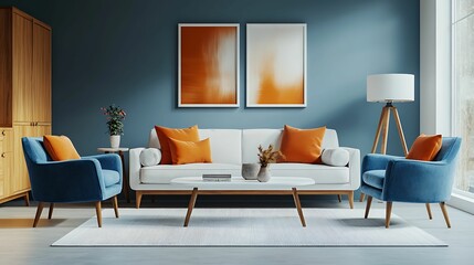 Stylish living room featuring blue armchairs, a white sofa with orange pillows, modern wall art, and wooden elements against a deep blue wall.