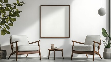 Elegant minimalist living room featuring wooden armchairs with white cushions, a small round table, and simple decor, enhanced by natural light and green plants.