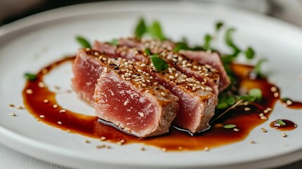 Close-up of seared tuna slices topped with sesame seeds, drizzled with soy sauce, and garnished with fresh greens on a white plate.