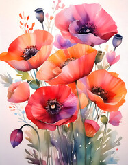 whimsical bouquet of poppies in shades of red, orange, purple