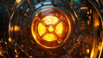 Obraz premium A futuristic energy core featuring a glowing reactor encased in advanced technology, radiating intense heat and light within a high-tech environment.