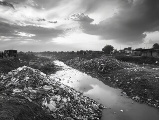 Fototapeta premium Environmental Cleanup Polluted River Cleaned Team Plastic Waste Piles Cloudy Skies Monochrome Palette