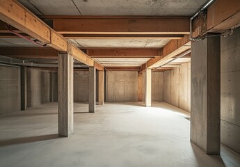 Fototapeta premium Empty Concrete Basement with Wooden Beams