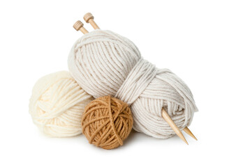 Skeins of soft yarn and knitting needles isolated on white