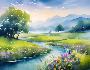 watercolor painting, misty morning over river and green field 