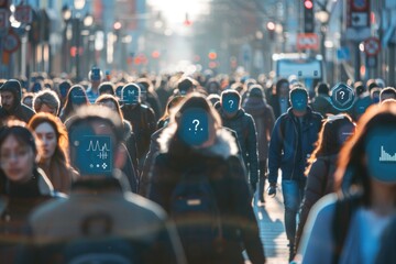 Obraz premium A crowd of people walking down a street with a blue face on the left side of the