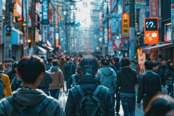 Obraz premium A busy city street with people walking and a man wearing a backpack