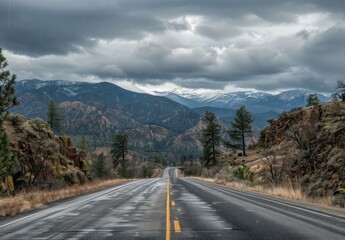 Fototapeta premium Road Trip Through Mountains with Rainy Clouds