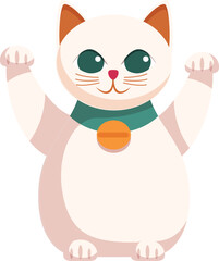 Cartoon maneki neko cat raising paws for good luck and fortune